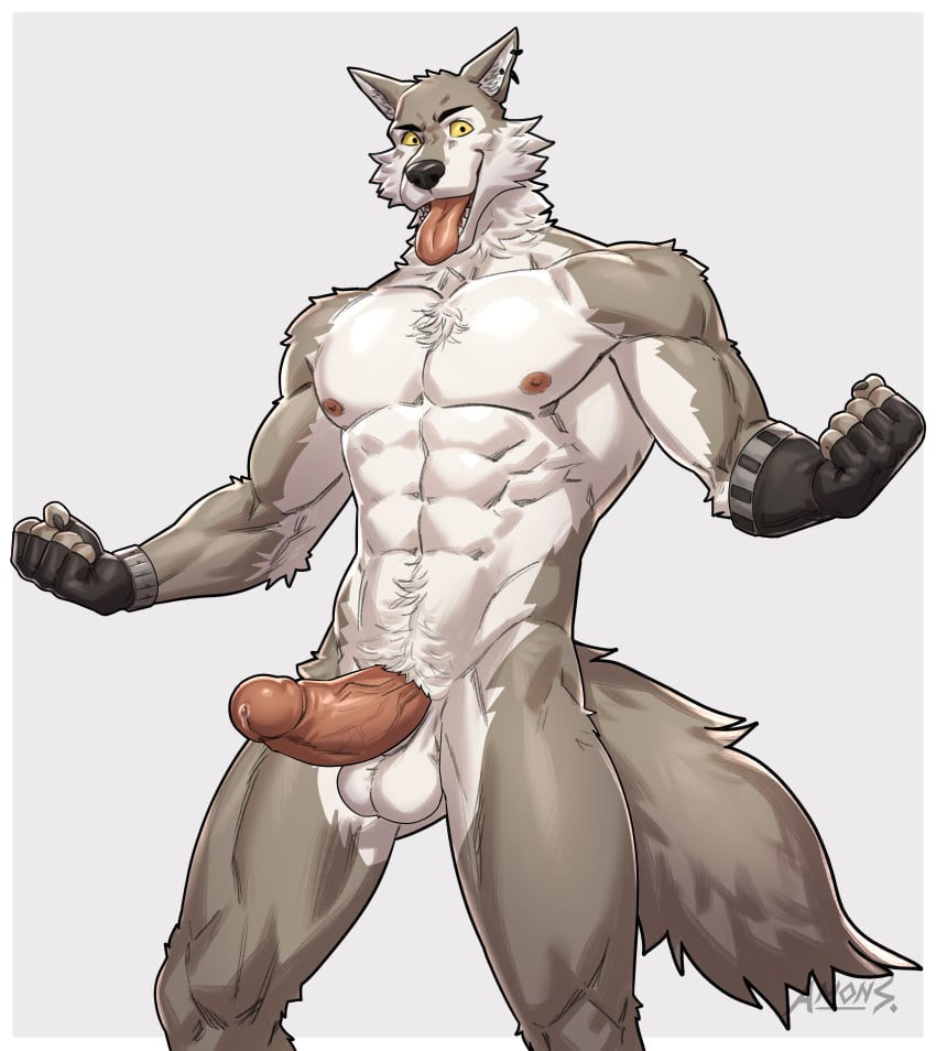 absurd_res amon-sydonai anthro canid canine canis epic_games erection fortnite genitals glistening glistening_body hi_res humanoid_genitalia humanoid_penis male mammal muscular muscular_male penis pinup pose sequence solo wendell_(fortnite) wolf