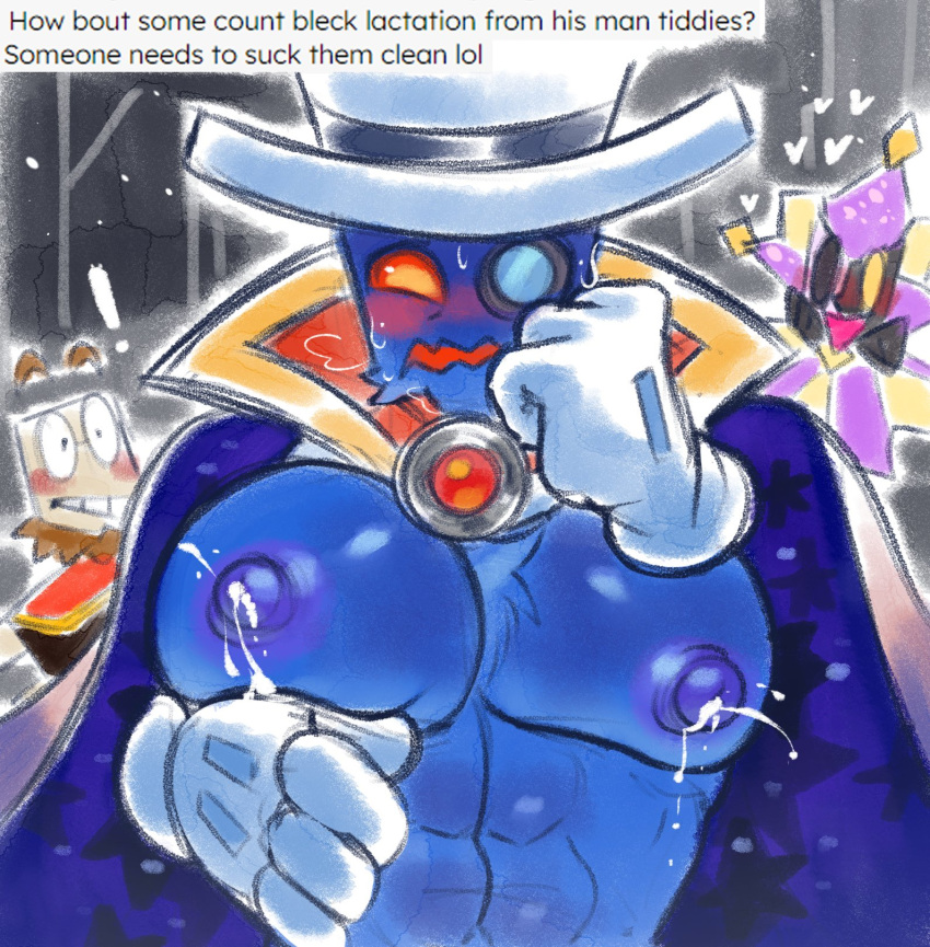 ! 3boys 4_fingers abs bara beard big_pecs blue_body blush cape chest_hair count_bleck dimentio disembodied_hands english_text facial_hair gay gloves hat headwear heart hearts hi_res humanoid jester looking_at_another looking_at_viewer male male_lactation male_only mario_(series) mawile123 multiple_boys muscular muscular_male nipples o’chunks paper_mario partially_clothed pecs pectorals solo_focus super_paper_mario sweat sweatdrop text trio white_gloves