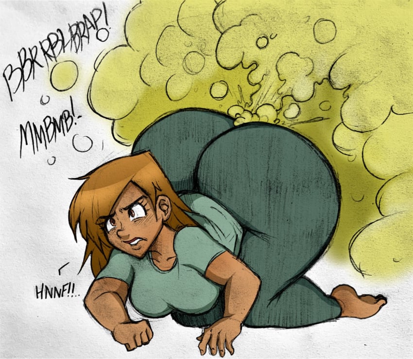 1girls 2020s 2022 2d 2d_(artwork) all_fours ashley_(xee) ass barefoot bloated blue_bottomwear blue_pants blue_topwear bottom_heavy brown_hair butt_crack clenched_hand clenched_teeth clothed clothed_female clothing color colored dark-skinned_female english_text fart fart_cloud fart_everywhere fart_fetish female gassy gassy_female green_gas grunting huge_ass hyper_fart light-brown_hair light_brown_hair massive_ass medium_breasts medium_hair oc onomatopoeia original_character pear-shaped_figure pear_shaped simple_background solo_focus text thick_as_fuck thick_ass thick_legs white_background xee