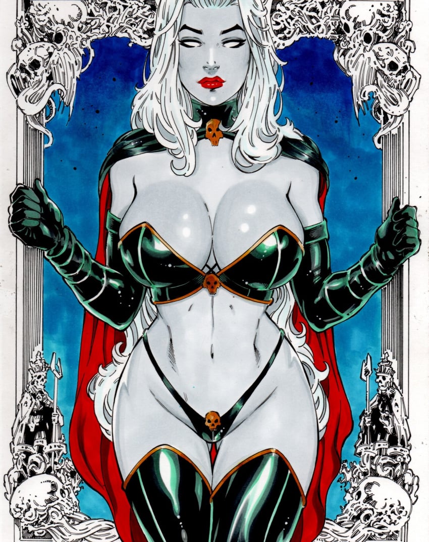 1girls chaos_comics coffin_comics death_(personification) ed_benes_studio grim_reaper hi_res lady_death latex_gloves latex_thighhighs long_hair looking_at_viewer mature_female queen_of_the_dead seductive seductive_look vagner_fernandes voluptuous voluptuous_female white_hair white_skin