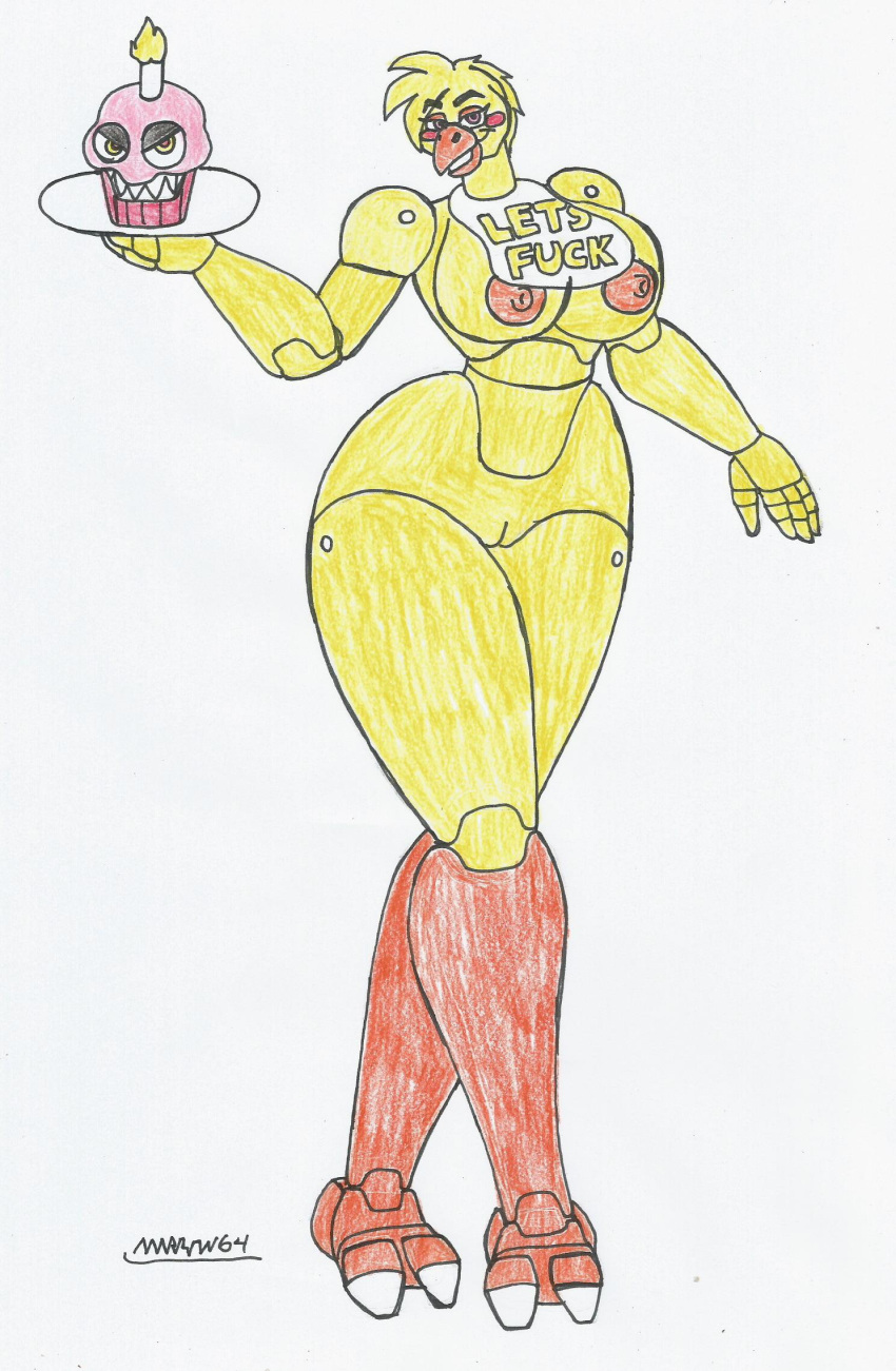 animatronic animatronic_female animatronic_girl anthro articulated_hooves big_breasts big_hips cake chica_(fnaf) chicken chicken_girl classic_chica_(fnaf) female_only five_nights_at_freddy's fnaf furry marlon64 naked_apron naked_female orange_nipples pink_eyes smile traditional_drawing_(artwork) white_background yellow_body yellow_fur yellow_hair