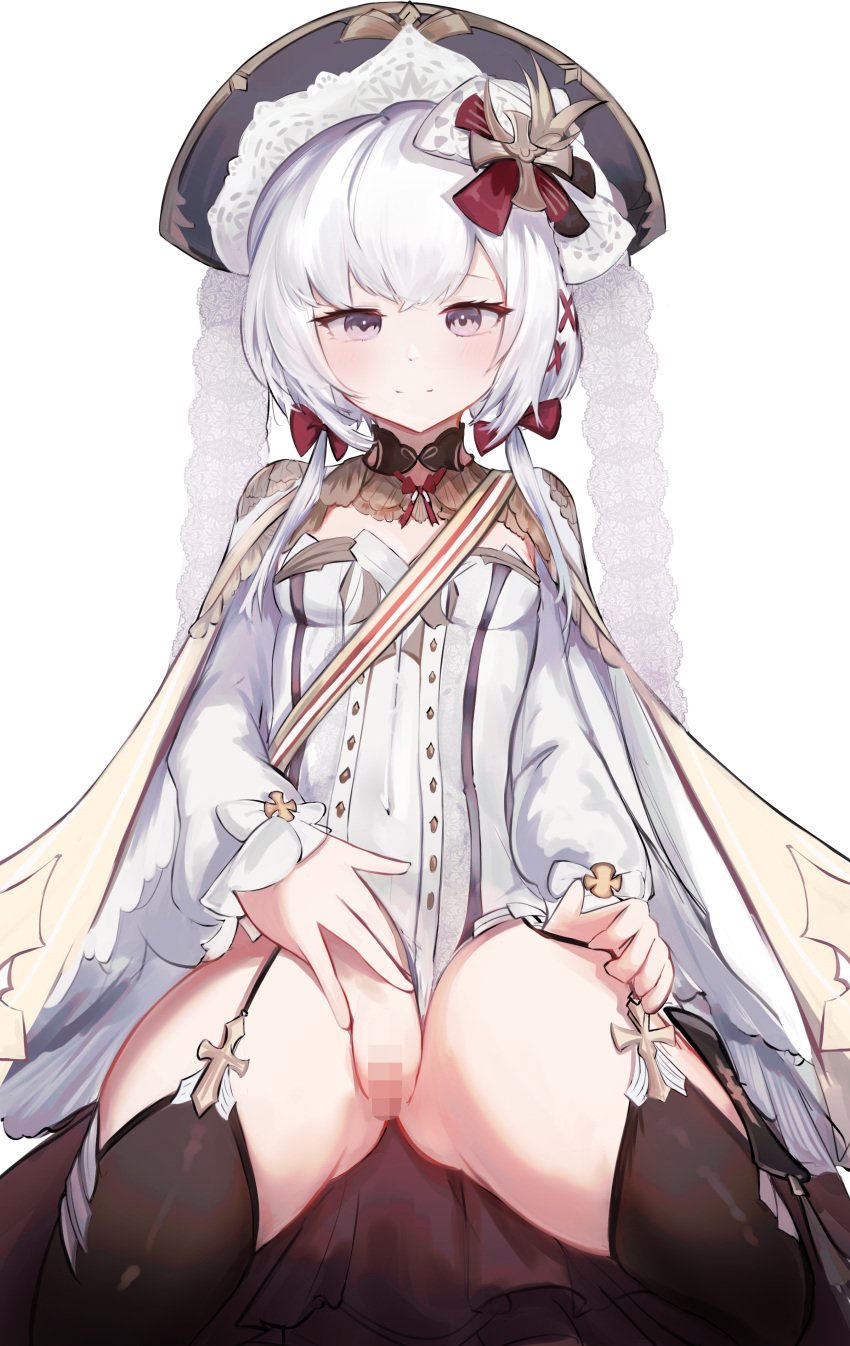 1girls azur_lane black_legwear censored female female_only flandre_(azur_lane) garter_straps hair_ornament hi_res leotard leotard_aside light-skinned_female light_skin long_sleeves mizuhashi_parusui pussy simple_background solo tagme twintails vichya_dominion_(azur_lane) white_background white_hair white_leotard young