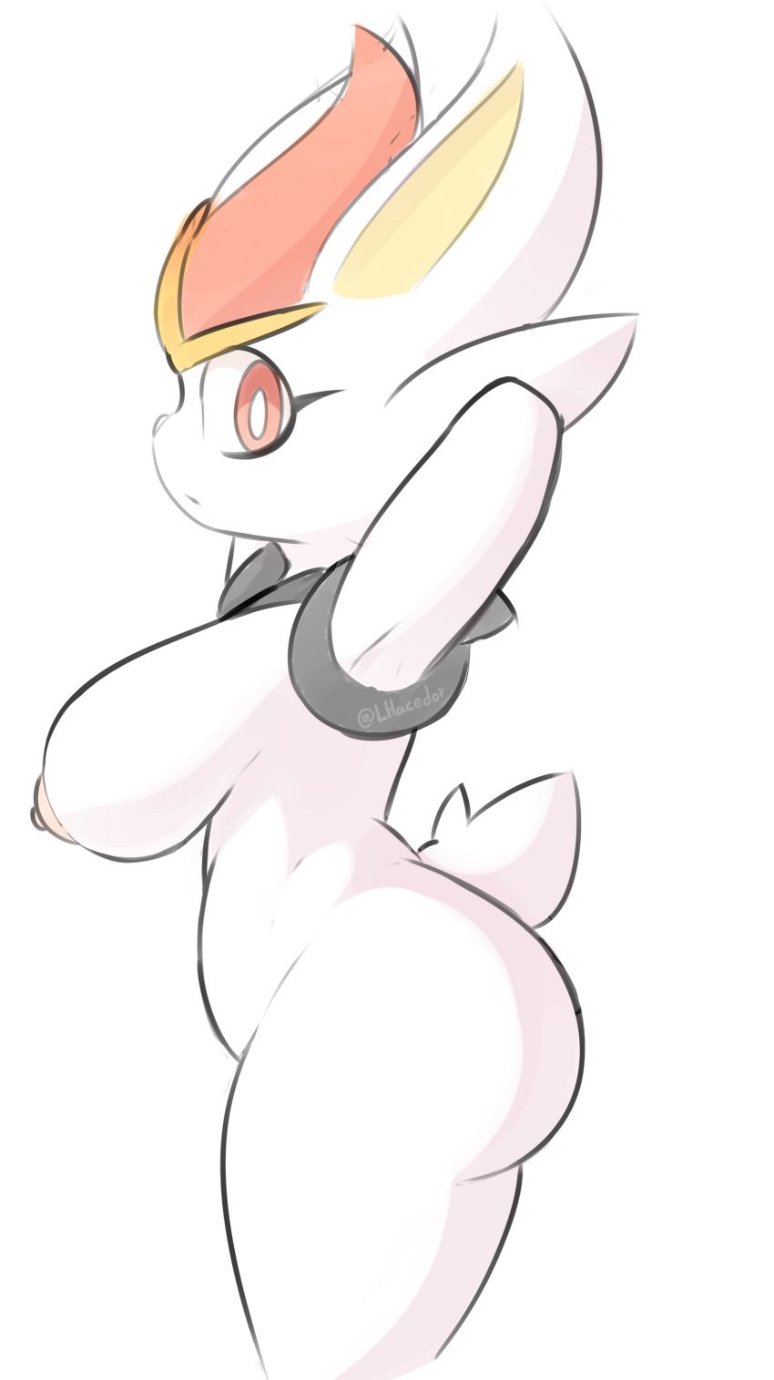 1girls anthro ass big_breasts breasts bunny_ears cinderace cute female female_cinderace female_only furry generation_8_pokemon lagomorph lhacedor nintendo pink_eyes pokémon_(species) pokemon pokemon_(species) white_background white_fur