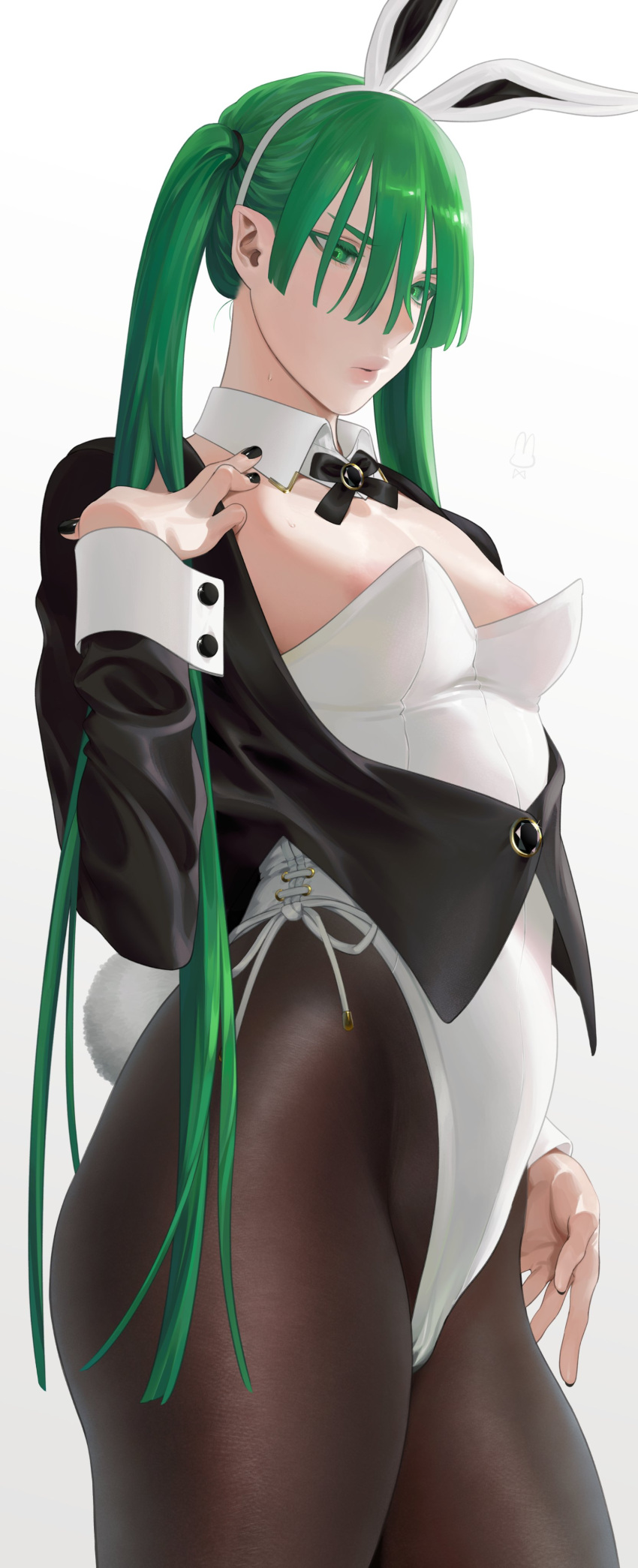 1girls 2020 areolae atkzxx bunnysuit green_hair long_hair small_breasts standing white_background zkstxxx