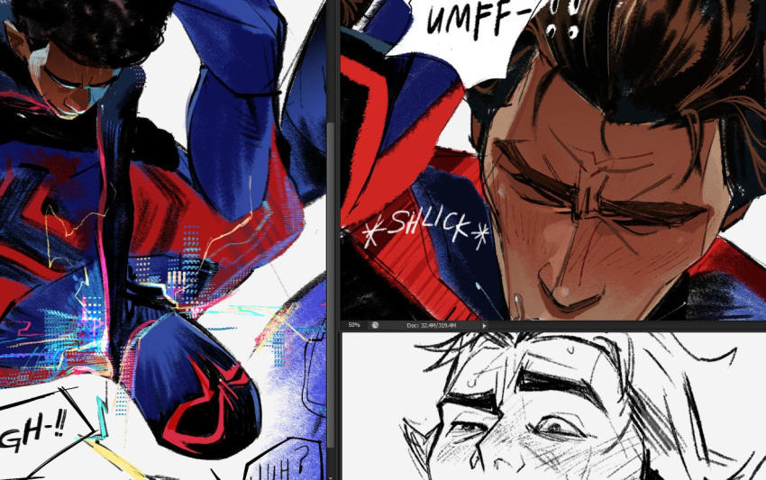 blowjob blowjob_face furrowed_brow gay kbmon marvel miguel_o'hara miles_morales older_male older_male_younger_male spider-man:_across_the_spider-verse spider-man_(series) spider-man_2099 straddling strangling yaoi younger_male