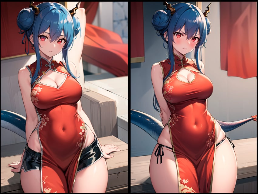 1girls ai_generated angry arknights bare_thighs black_panties black_thong blue_hair blush breasts ch'en_(ageless_afterglow)_(arknights) ch'en_(arknights) cheongsam china_dress chinese_clothes cleavage curvy dress dress_slit embarrassed female female_only gardener_ai hair_bun horn hourglass_figure medium_breasts no_pants no_shorts panties pelvic_curtain qipao red_dress red_eyes revealing_clothes shorts shorts_removed side-tie_panties skimpy slit slitfluid solo stable_diffusion standing string_panties tail thick_thighs thin_waist thong wide_hips