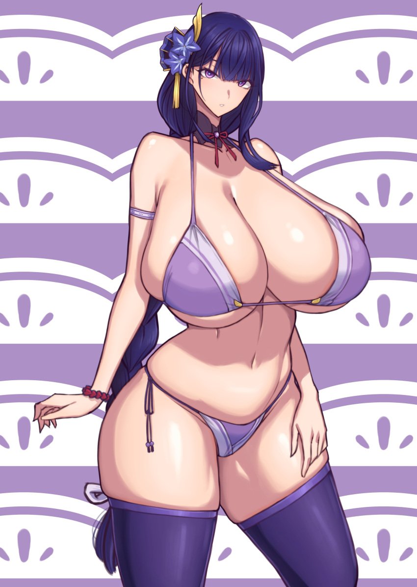 1girls bikini bracelet braid choker female female_only genshin_impact hair hair_ornament large_breasts light-skinned_female light_skin pale-skinned_female pale_skin purple_eyes purple_hair raiden_shogun ribbon solo solo_female thick_thighs thighhighs white_body wolffeld_price