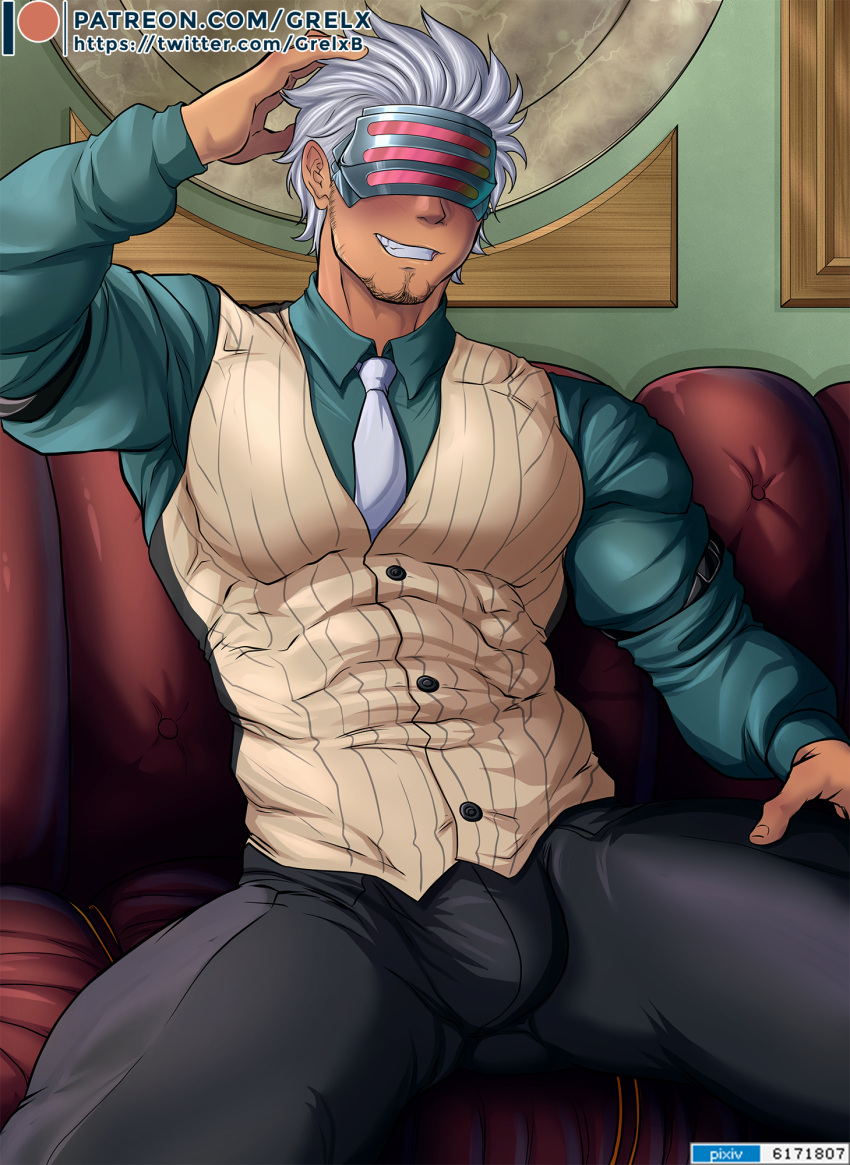 1boy 2021 bara barazoku blush bulge clothing facial_hair gay godot grelx gyakuten_saiban hairy hi_res highres male male_focus male_only manly mask masked_male solo solo_male white_hair yaoi