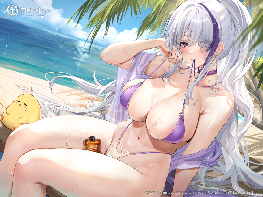 1girls azur_lane beach big_breasts bikini blush choker female female_only hi_res highres hominamia large_breasts long_hair looking_at_viewer navel ocean outdoors outside palm_tree purple_eyes sitting sky solo solo_female swimsuit thick thick_thighs tree unzen_(azur_lane) unzen_(sojourn_through_clear_seas)_(azur_lane) voluptuous white_hair yavalley