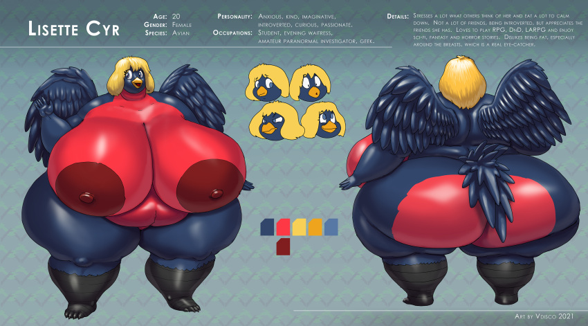 absurd_res anthro areola ass avian beak big_breasts big_butt bird black_body blonde_hair blue_body blue_eyes blue_feathers breasts curvy_figure digital_media_(artwork) english_text feathers female fingers front_view genitals gesture hair hi_res huge_breasts huge_butt huge_thighs hyper hyper_butt hyper_thighs lisette_cyr looking_at_viewer model_sheet nipples non-mammal_breasts nude obese obese_anthro obese_female open_beak open_mouth overweight overweight_anthro overweight_female pussy rear_view red_areola red_body red_feathers red_nipples solo text thick_thighs vdisco voluptuous waving wide_hips wings