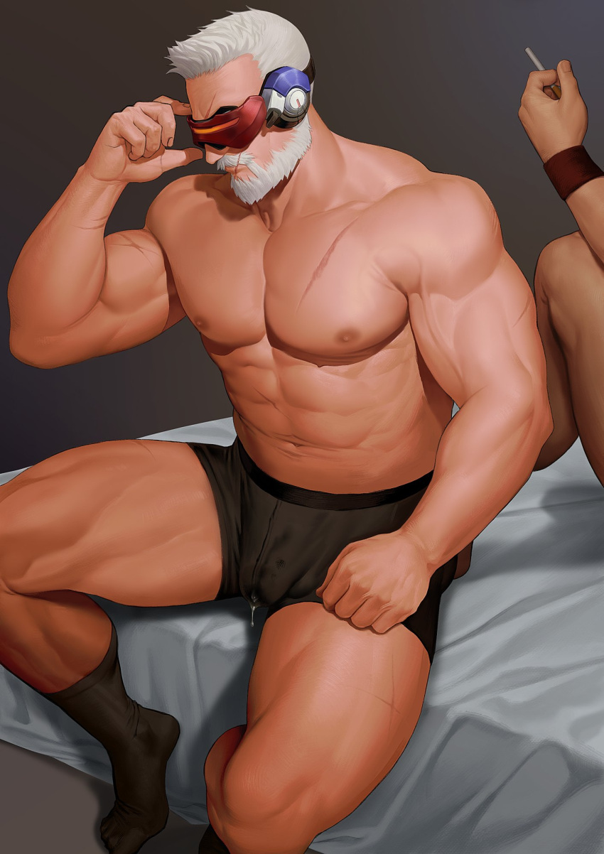 2boys abs bara beard bed black_male_underwear boxer_briefs cigarette facial_hair gay highres holding holding_cigarette large_pectorals male_focus male_underwear multiple_boys muscular muscular_male navel nipples on_bed overwatch overwatch_2 pectorals precum reaper saolin_(wudangx) short_hair sitting socks soldier_76 solo_focus thick_thighs thighs underwear white_hair yaoi