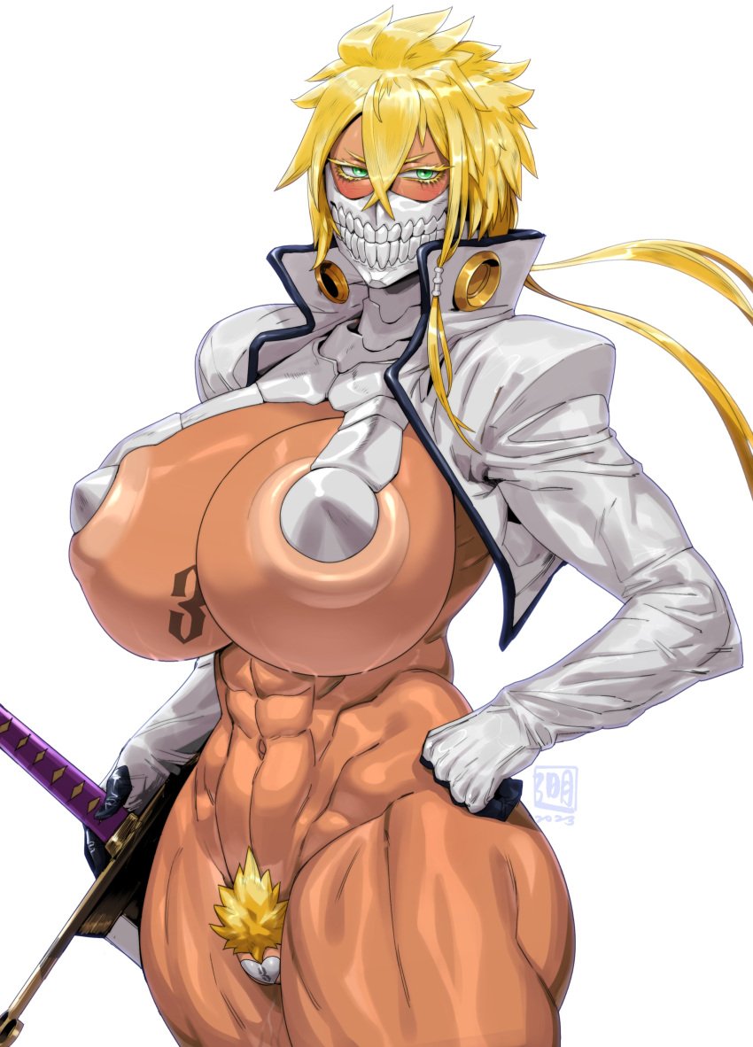 1girls abs arrancar athletic_female barely_covered_crotch bleach blonde_hair breast_tattoo breasts dark-skinned_female dark_skin female female_only green_eyes groin hair_between_eyes highres hollow_(bleach) large_breasts lilminindahouse looking_at_viewer maebari mask mouth_mask muscular_female navel number_tattoo pubic_hair revealing_clothes short_hair_with_long_locks simple_background squiggle tattoo tia_harribel toned underboob upper_body voluptuous