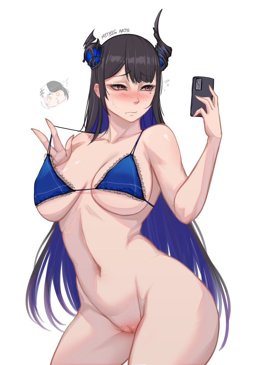 beauty_mark bikini_top bikini_top_only blush bottomless breasts embarrassed exposed_pussy holding_phone hololive hololive_english hololive_english_-advent- horns large_breasts mole_on_pussy myth1c myth1carts navel nerissa_ravencroft partially_clothed pussy shiori_novella thick_thighs tugging_clothing virtual_youtuber vtuber white_background