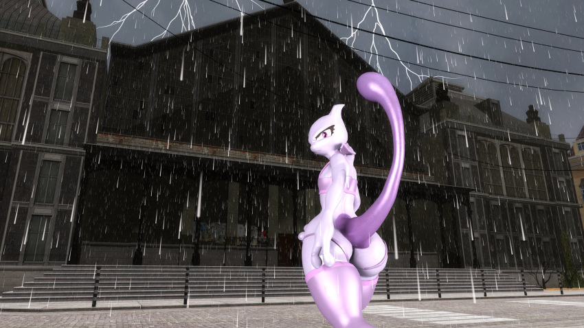 absurd_res anthro ass bubble_butt city_17 generation_1_pokemon hi_res legendary_pokemon light lighting male male/male mewtwo nintendo pokemon pokemon_(species) raining skelefoxdesign solo thunder train_station