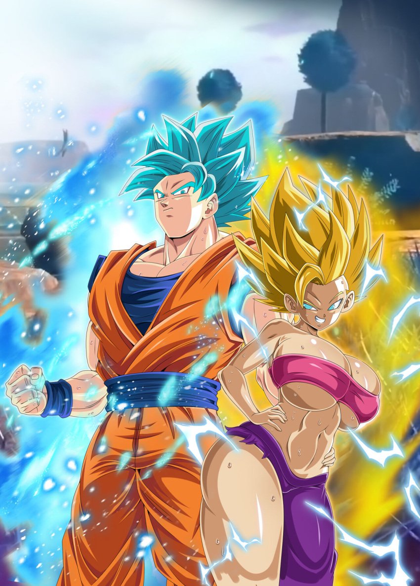 1boy 1girls blonde_hair blue_aura blue_hair bluegraves breasts caulifla dragon_ball dragon_ball_super electricity female_saiyan male_saiyan son_goku super_saiyan_2 super_saiyan_blue universe_6/universe_7 universe_6_saiyan/universe_7_saiyan