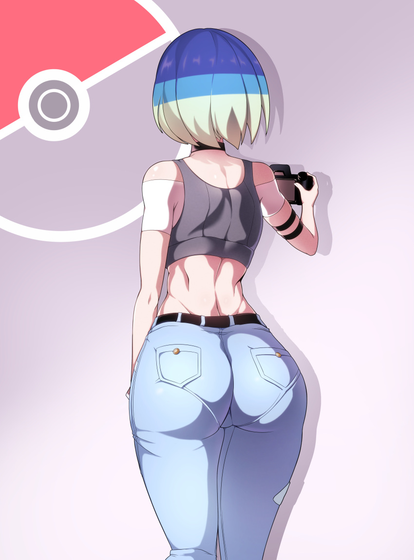 1girls ass back_view big_ass blue_hair camera green_hair hi_res jeans midriff nintendo pants perrin_(pokemon) pokemon pokemon_sv seullust short_hair solo two_tone_hair waist