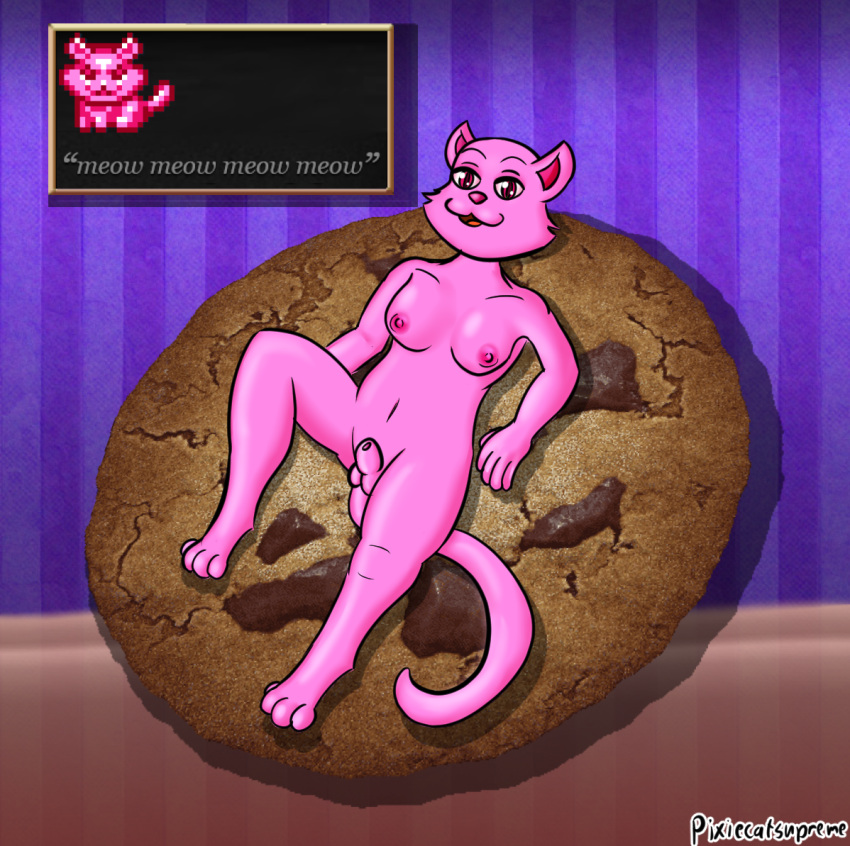 animal_genitalia anthro breasts cookie cookie_clicker domestic_cat felid feline felis food fur genitals gynomorph intersex lying mammal milk on_back pink_body pink_eyes pink_fur pink_nose pixiecatsupreme sheath smile tail text_box