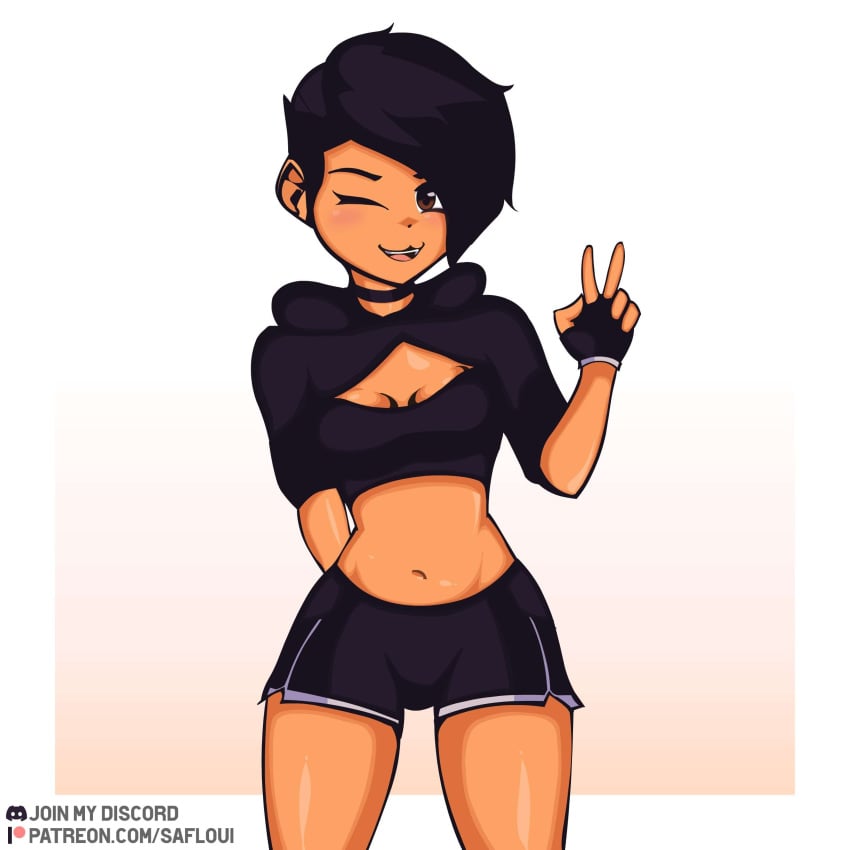 black_hair black_short_shorts jocelyn_(saifamelar) oc original_character peace_sign safloui saifamelar short_shorts tagme thick_thighs wink winking winking_at_viewer