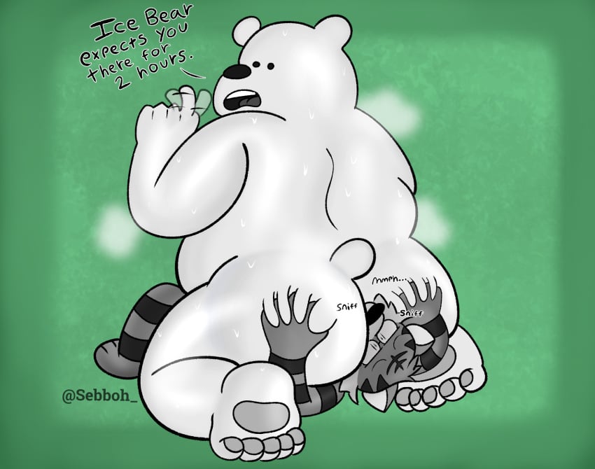 anthro ass bear bodily_fluids cartoon_network dialogue duo english_text eyewear facesitting feet felid finger_wag gay gay_rimjob glasses hi_res ice_bear male male/male mammal musk_clouds nude pantherine sebboh shaded sitting sitting_on_another submissive sweat sweatdrop sweaty_butt tail text tiger we_bare_bears