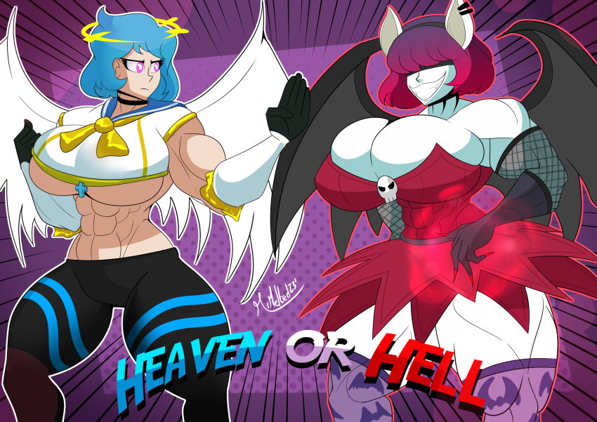 2girls aballon_(mrmelted) abs angel biceps big_breasts breastplate breasts brienne_(marorin) busty cleavage clothing demon demon_girl dress female female_only hair_over_eyes huge_breasts large_breasts mrmelted muscular muscular_female no_bra original original_character pants thick_thighs thighhighs thunder_thighs underboob wide_hips wings