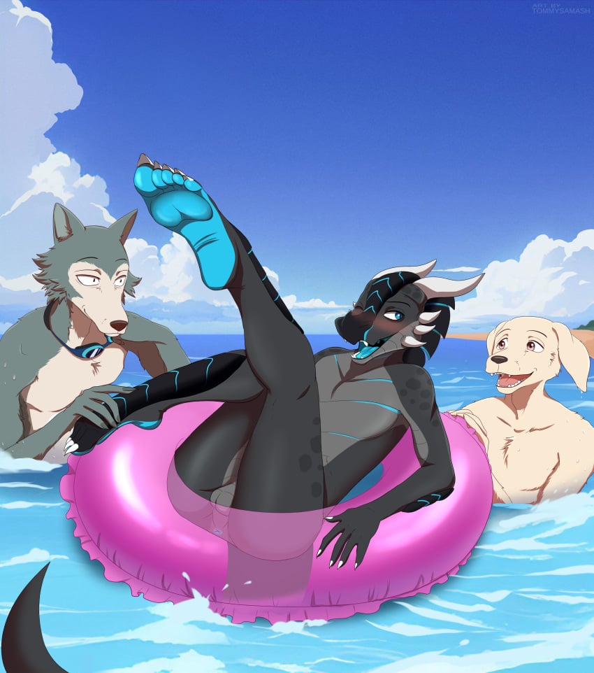 absurd_res anthro anus balls beach beastars bird_dog blush canid canine canis claws day domestic_dog dragon feet floatie genitals golden_retriever group hi_res hunting_dog inflatable inner_tube jack_(beastars) legoshi_(beastars) male male/male mammal nude nude_beach paws public public_nudity retriever sea seaside soles toe_claws toes tommysamash trio water wolf xero_(captainscales)