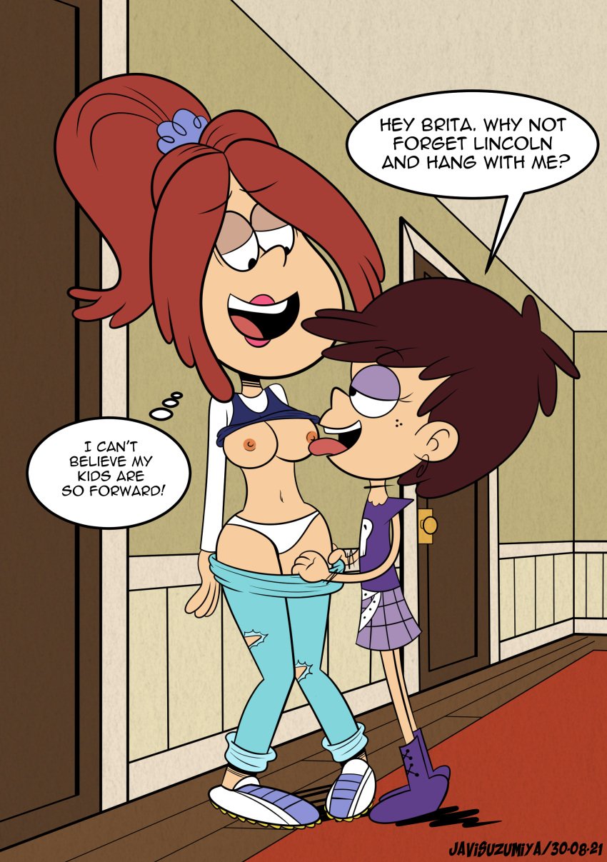 accidental_incest accurate_art_style alternate_hairstyle breast_out brita_(the_loud_house) brown_hair_female dialogue disguise incest javisuzumiya licking_breast licking_nipples luna_loud mother_and_daughter nipples panties pants_pull red_hair rita_loud shirt_up the_loud_house tippy_toes tongue_out unaware_incest white_panties yuri