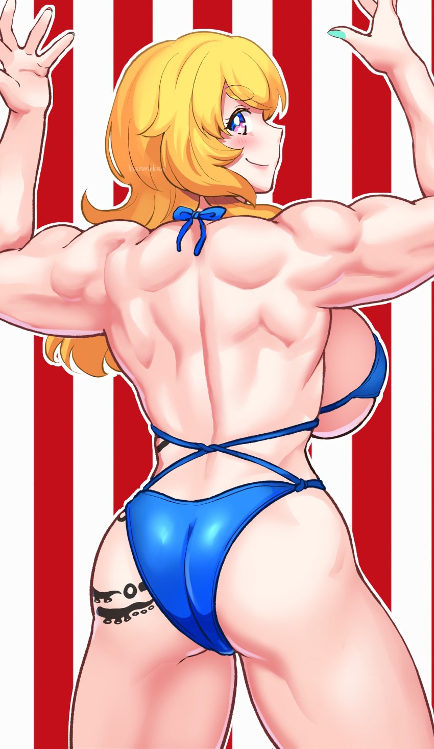 1girls absurd_res aqua_nails artist_name ass back biceps bikini blonde_hair blue_bikini blue_eyes blush bodybuilding_bikini breasts harurukan hi_res huge_breasts muscular muscular_female nail_polish original simple_background swimsuit tattoo watermark