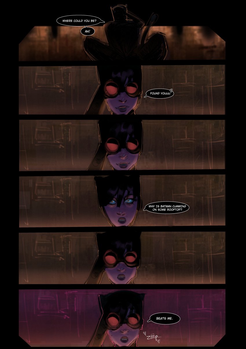 1girls batman_(series) binoculars catwoman comic comic_page dark_hair dc dc_comics dialogue female_masturbation female_only gotham_city implied_masturbation momkist night offscreen_masturbation outdoors rooftop skin_tight_suit solo solo_female speech_bubble spying voyeur voyeurism