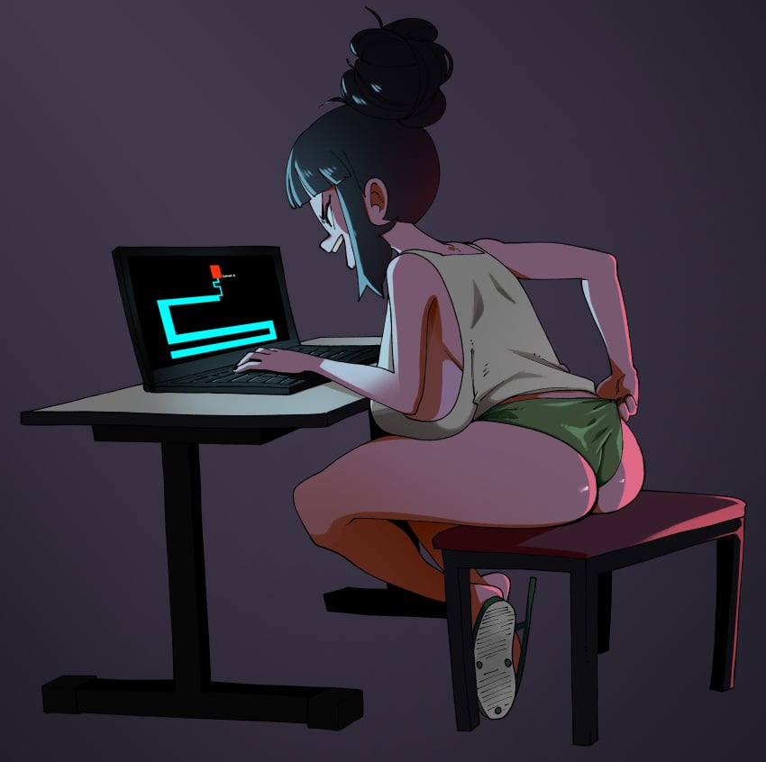 1girls adjusting_clothes asian asian_latina ass beehive_hairdo blunt_bangs chair clothing clueless command_grab computer confident electronics female flip_flops full_body gaming huge_breasts human laptop latina leaning_forward maze no_bra nuclearwasabi pale_skin sandals scary_maze_game sideboob sidelocks sitting smug solo table