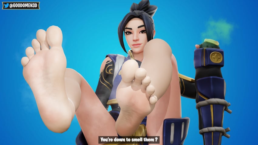 3d blender clothed clothing foot foot_fetish fortnite fortnite:_battle_royale goodomen3d hime_(fortnite) looking_at_viewer soles talking_to_viewer text