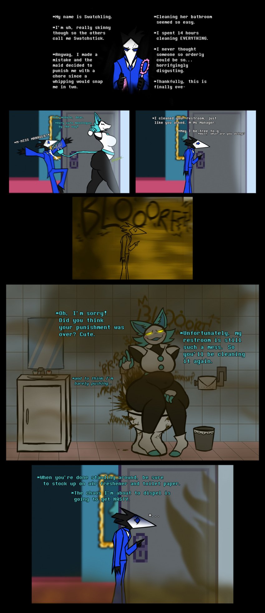 absurd_res anthro ass bathroom being_watched belly big_butt blue_hair blush bottomless chubby_belly clogged_toilet clothed clothing comic curvy_female curvy_figure darkner deltarune dialogue diarrhea dirty dominant dominant_female dominatrix door_open dress_shirt duo electrical_plug electrical_plug_tail eyelashes fart fart_fetish farting_on_another farting_on_face feces felid feline female front_view fumes gassy glowing glowing_eyes hair hand_on_leg hi_res huge_butt humiliation hyper_fart implied_pee itsyikesagainsorry looking_at_another loud_fart machine maid_uniform male male/female mammal messy no_underwear overweight poop_desperation punishment relieved robot rumbling_stomach sat_on scat servant shameless shirt shoulder_pads sitting sloppy smelly smile smug stomach_ache suit swatchling tail tasque_manager_(deltarune) teasing thick_thighs thighs toilet toilet_bowl toilet_paper toilet_seat toilet_use topwear undertale_(series) uniform wide_hips yikes_again