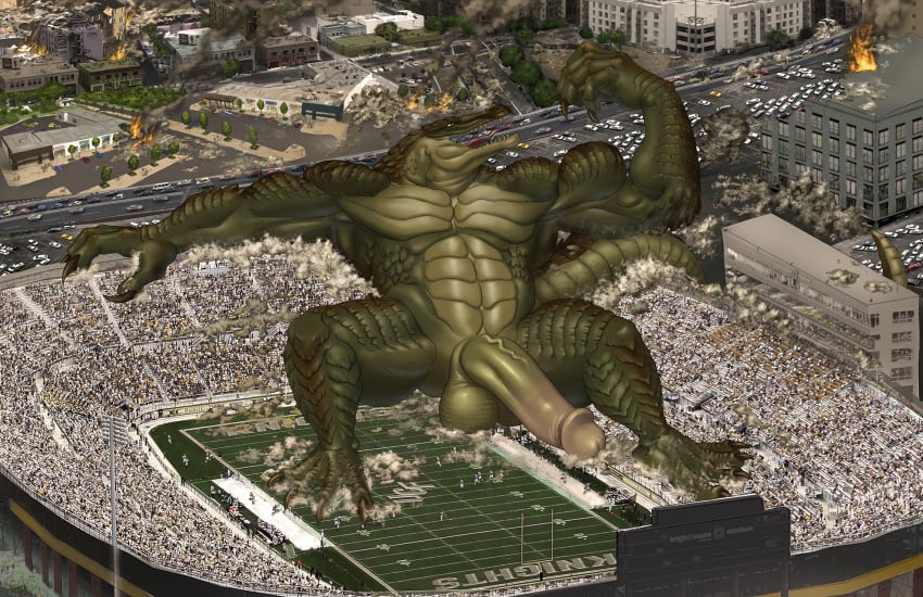 abs anthro balls big_penis carnak_(carpo) city crocodile crocodilian crocodylid genitals hi_res kain3 macro male muscular muscular_anthro muscular_male nude penis reptile scalie solo stadium vein veiny_penis