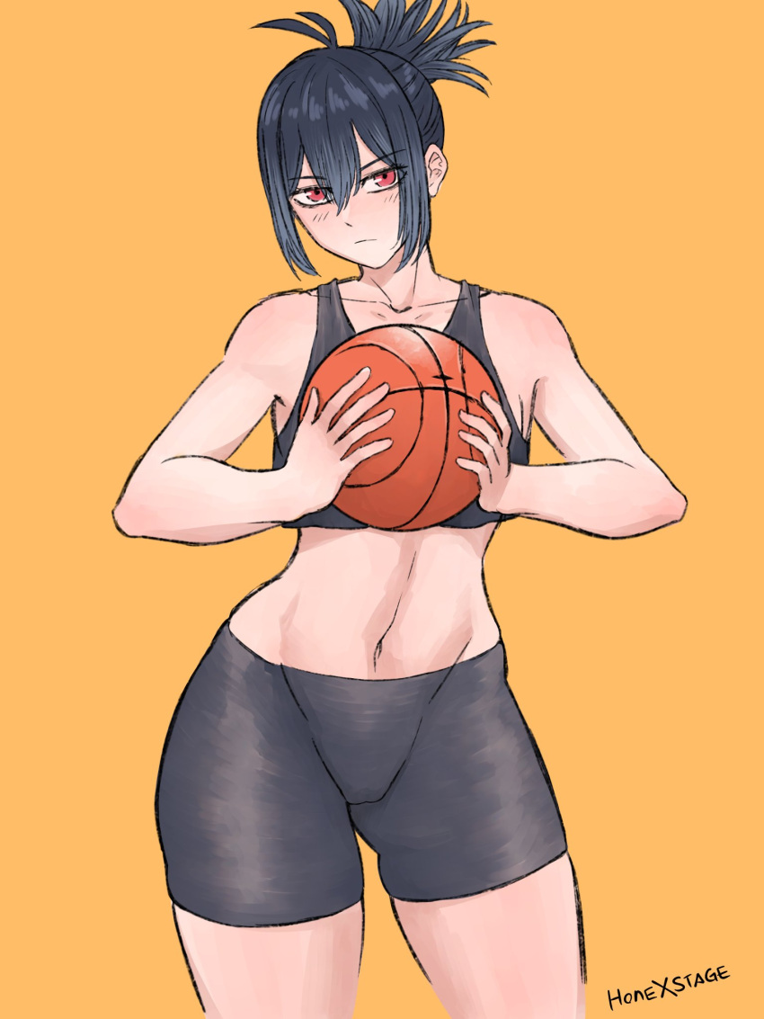 1girls basketball basketball_(ball) black_clover black_hair clothed clothed_female crop_top female light-skinned_female light_skin looking_at_viewer secre_swallowtail skwd small_breasts sports_shorts sportswear thick_thighs toned toned_female