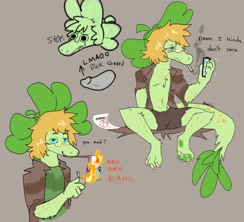 anthro blonde_hair bulge cigarette ffidyll fire flag fur glasses green_fur male male_only meme my_singing_monsters paws penis phone ragged_clothing shorts smoke smoking smug