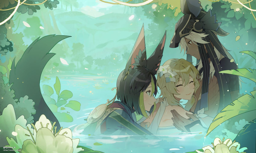 1girls 2boys animal_ears blonde_hair cyno_(genshin_impact) embrace female flower_in_hair forest fox_boy fox_ears fox_tail genshin_impact hugging hugging_from_behind in_water lake lumine_(genshin_impact) male outdoors outside quinny_il sandwiched smiling tighnari_(genshin_impact) two_tone_hair water white_hair