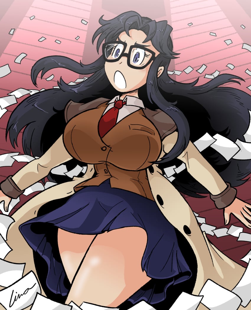 big_breasts black_hair black_skirt blue_eyes breasts brown_vest glasses huge_breasts large_breasts light-skinned_female light_skin linaciari long_hair paper papers read_or_die red_tie shirt skirt thick_hips thick_legs thick_thighs thighs tie trenchcoat vest white_shirt wide_hips yomiko_readman