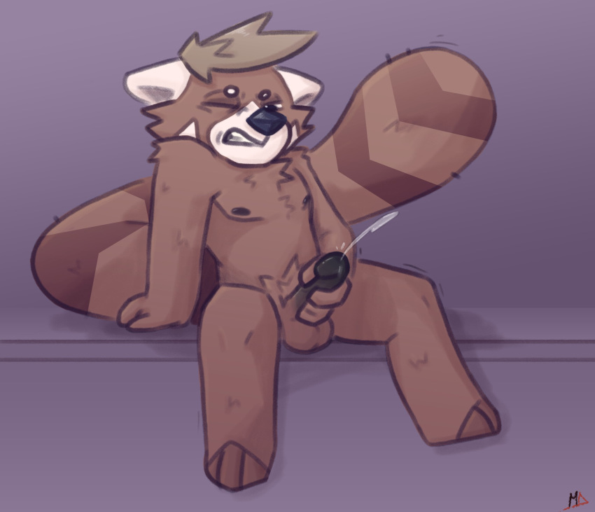 2019 ailurid anthro balls bodily_fluids cum ejaculation erection genital_fluids hi_res humanoid_hands humanoid_penis male male_only mammal masturbation minedoo moobs nipples penis red_panda simple_background sitting solo