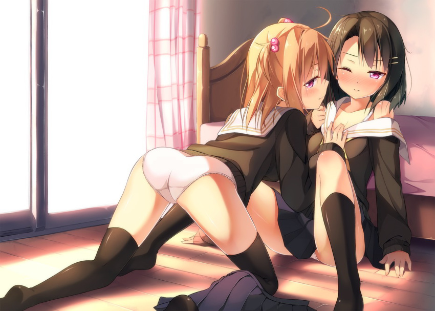 2girls artist_request bed black_legwear blonde_hair blush brown_hair character_request clothed embarrassed female hair_ornament human japanese_clothes kinta multiple_females original panties partially_undressed pink_eyes school_uniform serafuku short_hair skirt skirt_around_leg skirt_around_one_leg smile socks thighhighs uncensored yuri