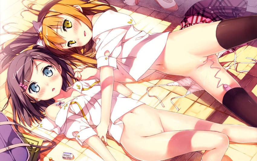 2girls 5_nenme_no_houkago azuki_azusa belly belly_button black_hair blonde blonde_female blonde_hair blonde_hair_female blue_eyes blush blushing blushing_at_viewer bottomless female female_human female_only hair_bow hentai_ouji_to_warawanai_neko human human_female human_only kantoku looking_at_viewer mouth_open multiple_girls school_bag school_uniform short_hair smile stomach tagme tsukiko tsutsukakushi_tsukiko vibrator yellow_eyes yuri