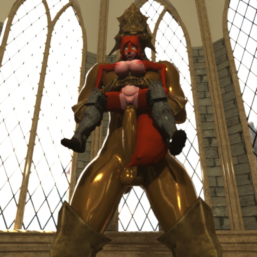 breasts canid canine dark_souls disney dragon_slayer_ornstein elitedog female fox fromsoftware genitals gold_body hi_res maid_marian male male/female mammal pose pussy robin_hood_(disney)