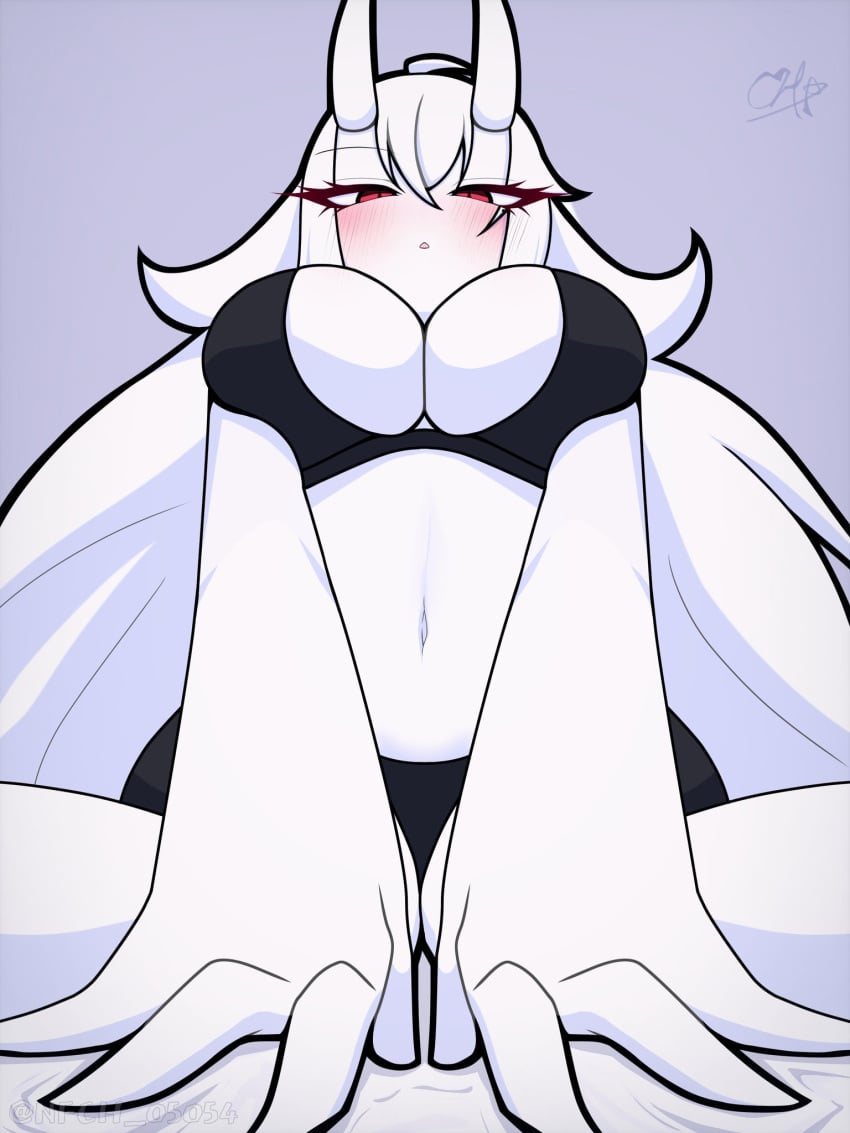 1girls breasts female female_only haku_(nfch_05054) horns large_breasts low-angle_view navel nfch_05054 original original_character red_eyes signature tagme thick_thighs white_hair white_skin