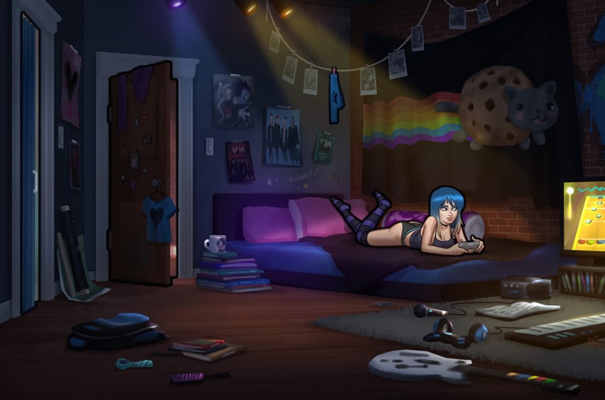 1girls 2d ass bed bed_sheet bedroom blanket blue_eyes blue_hair bottomwear controller darkcookie detailed_background digital_drawing_(artwork) digital_media_(artwork) door eve_(summertime_saga) female female_focus female_only holding holding_controller holding_object laying_down laying_on_bed laying_on_stomach legwear light-skinned_female light_skin nyan_cat on_bed open_door panties pillow room solo solo_focus striped_legwear summertime_saga tank_top teenage_girl teenager thighhighs topwear two_tone_hair underwear