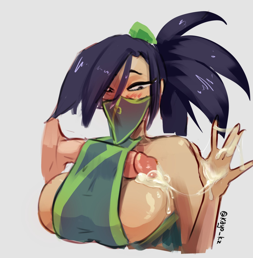 1boy 1boy1girl 1girls akali alternate_version_available big_breasts big_penis black_hair blush bursting_breasts cum cum_on_body cumshot erection female league_of_legends male masked_female ponytail precum riot_games veil zdecielo