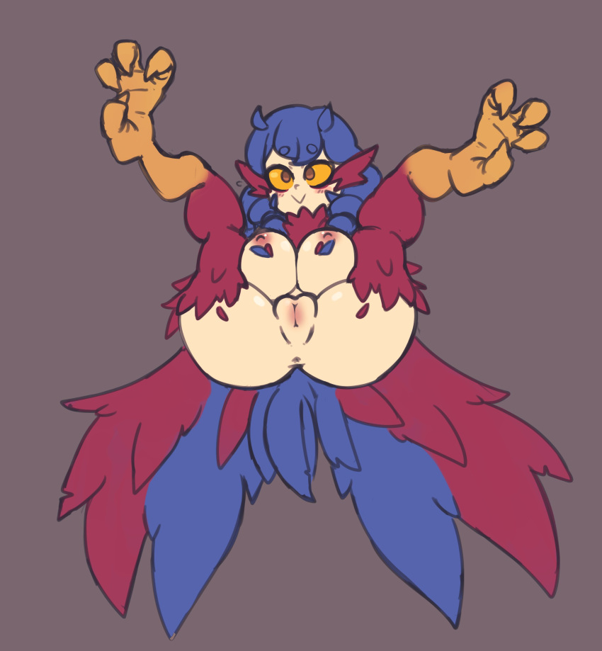 :> blue_feathers blue_hair breasts cute docecaedrus exposed_pussy feathers harpy harpy_(terraria) large_breasts pussy red_feathers tagme terraria wings yellow_sclera