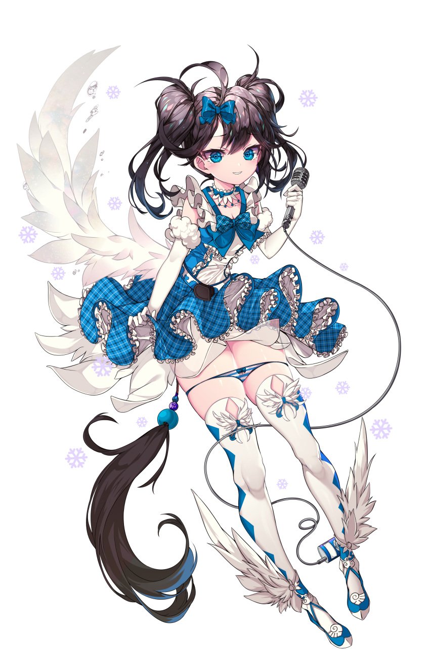 absurdres angel_wings black_hair blue_bow blue_bowtie blue_eyes bow bowtie elbow_gloves female frilled_skirt frills gloves highres holding holding_microphone idol kinos_(kw00789) microphone original panties panty_pull shoes short_hair skindentation skirt smile thighhighs twintails underwear white_thighhighs winged_footwear wings