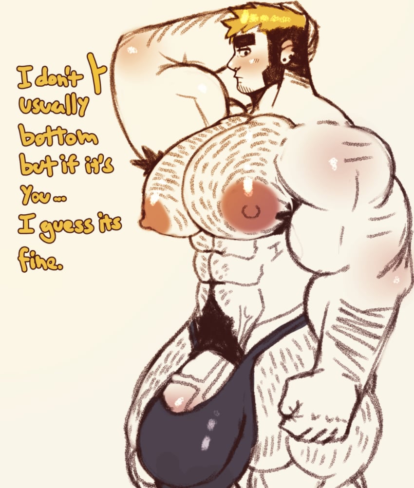 alex_(pteroscreams) balls bara bara_tits big_balls big_bulge big_pecs big_penis blush body_hair bulge hand_behind_head male male_only monochrome muscles muscular oc original_character penis pteroscreams solo solo_male speech_bubble text yellow_hair