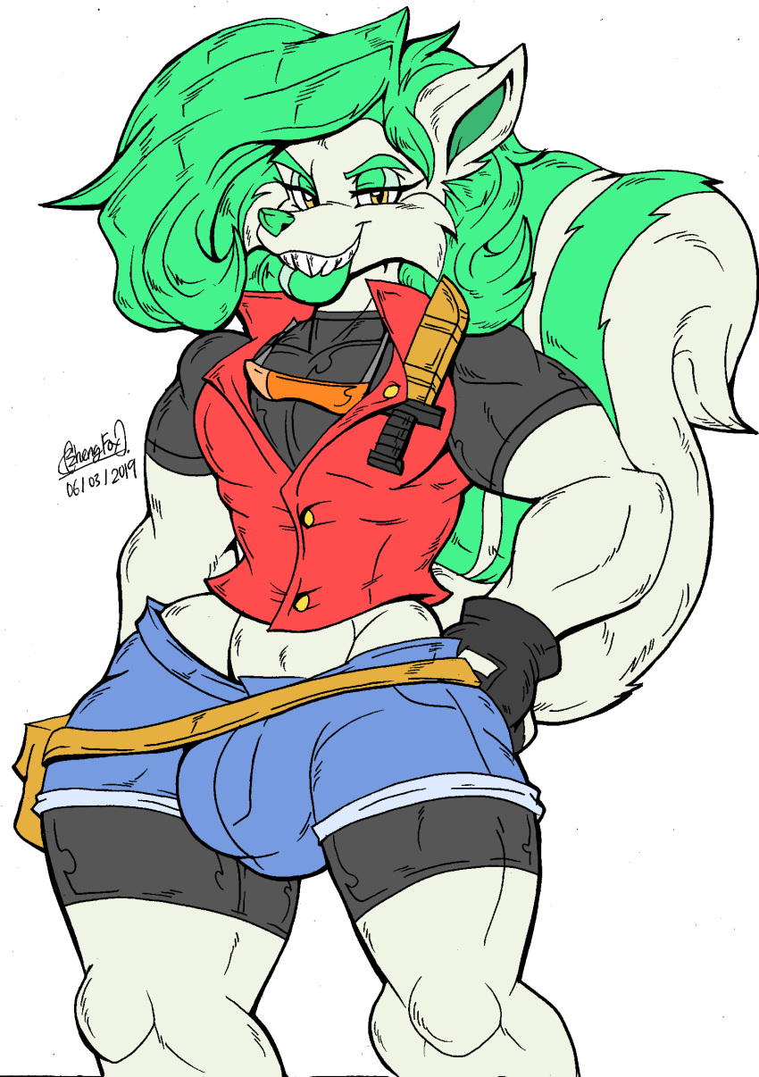 big_lips braces bulge child_bearing_hips cosplay daisy_dukes femboy fluffy fluffy_tail girly male muscles muscular muscular_male pointy_teeth puddin_toon_skunk resident_evil resident_evil_2 shorts tights toony video_games wide_hips zhengfox