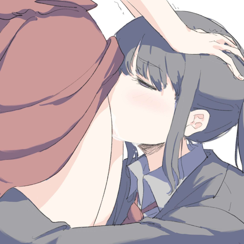 2girls black_hair black_jacket blue_eyes clothes_lift cunnilingus dress dress_lift eating_pussy female female_only genital_fluids half-closed_eyes hand_on_another's_head highres inoue_takina jacket lycoris_recoil multiple_girls necktie nishikigi_chisato oral oral_sex ponytail pussy_juice pussy_juice_drip pussy_juice_on_face red_dress red_necktie shirt sidelocks simple_background trembling white_background yuri