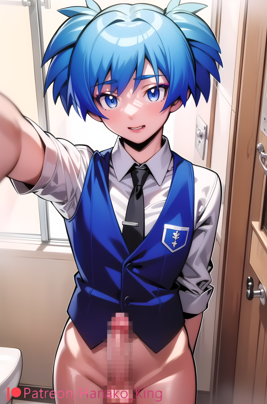 ai_generated anime_nose assassination_classroom big_penis blue_eyes blue_hair blush bottomless day hair_between_eyes hanako_king human large_penis looking_at_viewer male male_only mosaic_censoring nervous nervous_smile no_pants presenting presenting_penis school_uniform selfie shaved_crotch shiota_nagisa solo standing sunlight toony twintails white_skin window