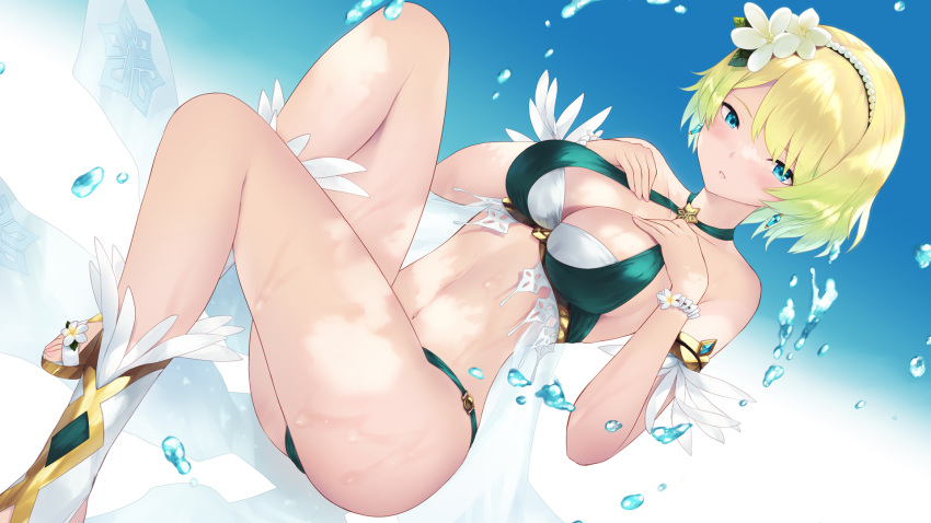 1girls alternate_costume armlet ass bare_shoulders big_ass bikini blonde_hair blue_eyes blush breasts cait_aron cleavage collarbone feather_trim female female_only fire_emblem fire_emblem_heroes fjorm_(fire_emblem) fjorm_(summer)_(fire_emblem) flower gradient_hair green_bikini green_swimsuit hair_flower hair_ornament hairband highres large_breasts looking_at_viewer multicolored_hair navel nintendo official_alternate_costume sandals short_hair solo swimsuit